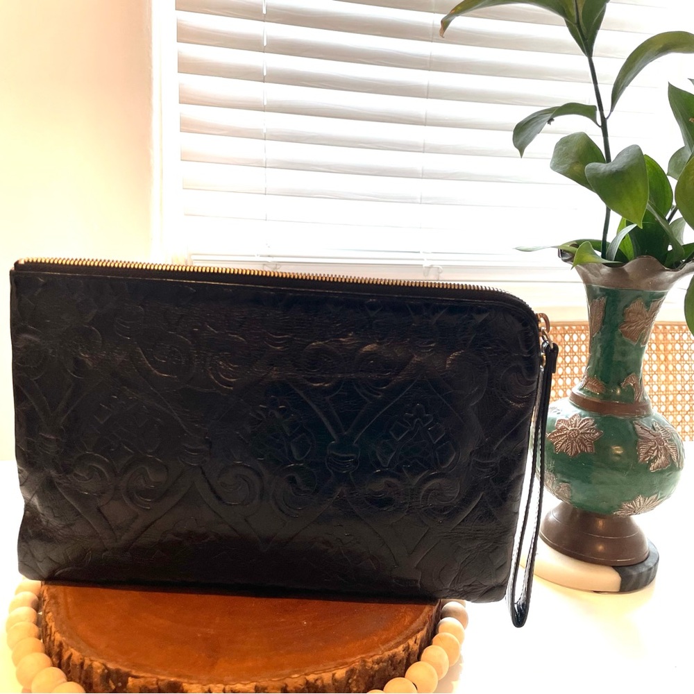 Hobo International Embossed Tooled Leather Black Lauren Clutch Double clutch.